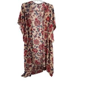 TYSA Women's Beige Floral Print Kimono Duster Cardigan Rayon M L